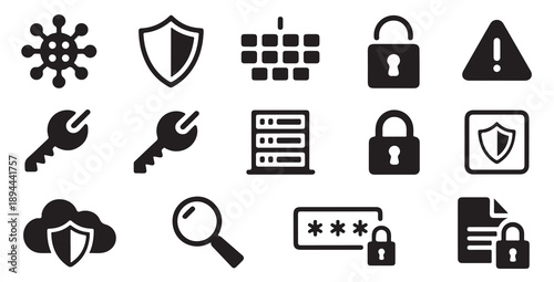 Assorted internet security and data protection icons with cloud shield and password field