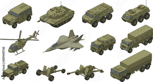 Cartoon-style illustrations of military vehicles and equipment including tanks, helicopters, jets, and trucks used in ground and air operations