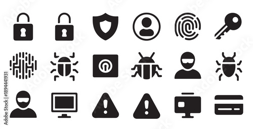 Cyber security icons collection including lock, fingerprint, bug, hacker, and credit card