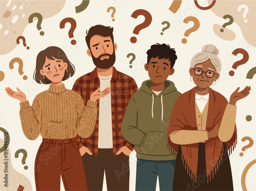 A diverse group of four people stands together, looking confused and uncertain.
Question marks float around them, emphasizing doubt and lack of clarity.
Warm tones and a soft, modern cartoon style.