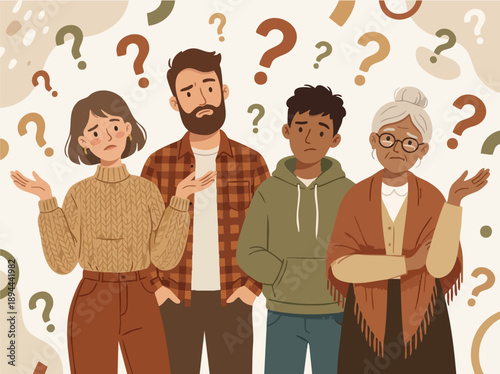 A diverse group of four people stands together, looking confused and uncertain.
Question marks float around them, emphasizing doubt and lack of clarity.
Warm tones and a soft, modern cartoon style.