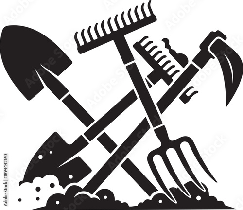 Gardening tools crossed together in black and white illustration