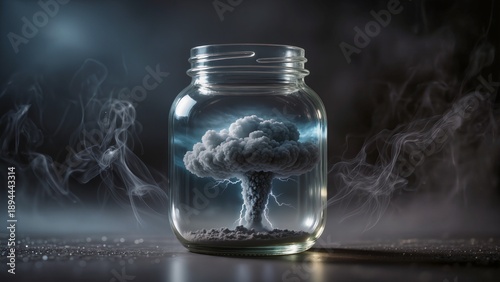 mushroom cloud in a jar with smoke and lightning, powerful emotional pressure symbol, surreal storm