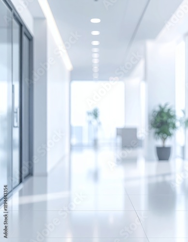 Blurred Modern Office Hallway Interior with Bright Light and Potted Plant.