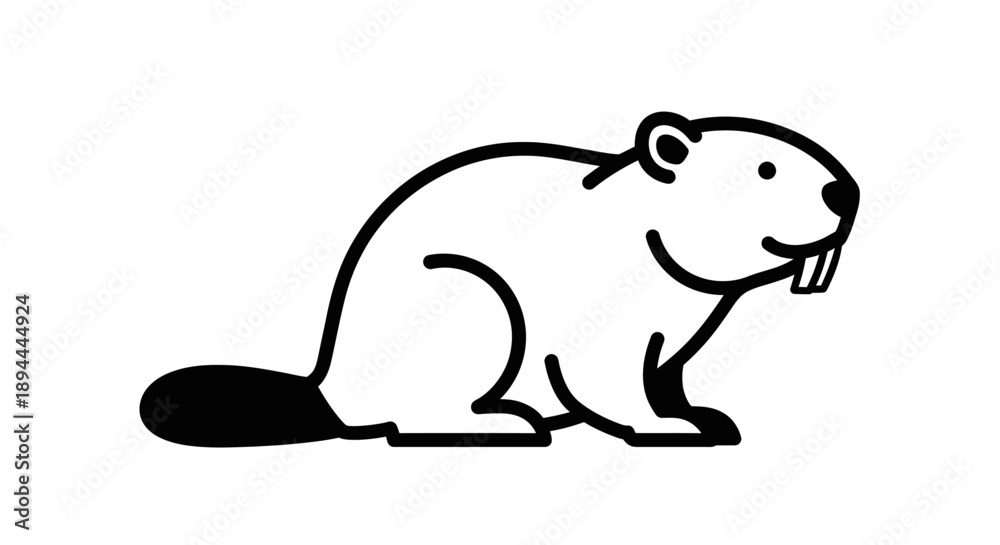 Fototapeta premium Simple black and white line art illustration of a beaver, showing its profile with prominent teeth and tail.