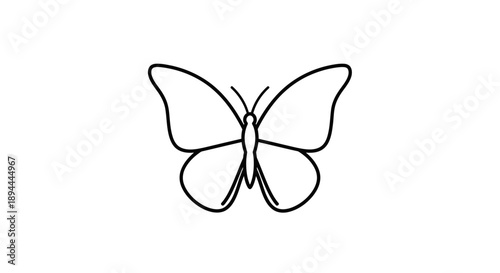 Simple black and white line art drawing of a butterfly with its wings spread open, isolated on a plain background.