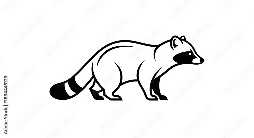 Fototapeta premium Black and white illustration of a raccoon standing, viewed from the side, with its distinctive masked face and striped tail, in a simple graphic style.