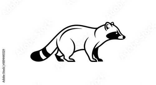 Black and white illustration of a raccoon standing, viewed from the side, with its distinctive masked face and striped tail, in a simple graphic style.