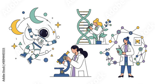 Vector illustrations of diverse people in lab coats for International Women in Science Day, including a doctor, nurse, and scientist with medical icons and biology research elements.