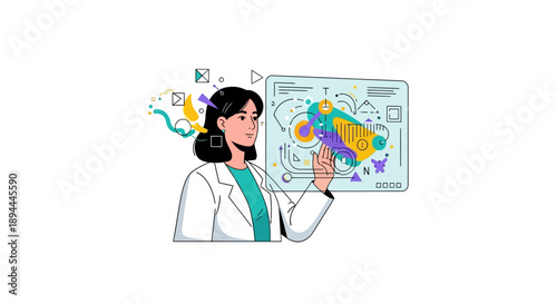 A female doctor or scientist in a lab coat holds up a colorful medical icon near a computer screen with a brain scan on International Women in Science Day
