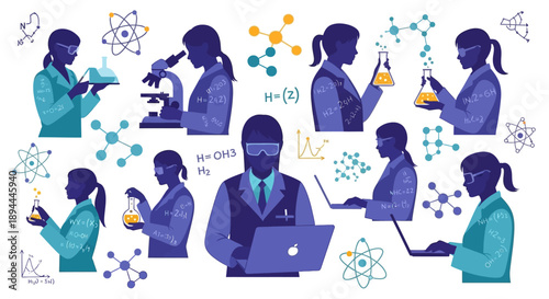 Illustrations of diverse people in lab coats working with science equipment and technology on International Women in Science Day.