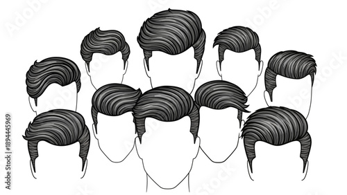 Multiple hairstyles for men illustrated in a grid layout, showcasing various styles and designs