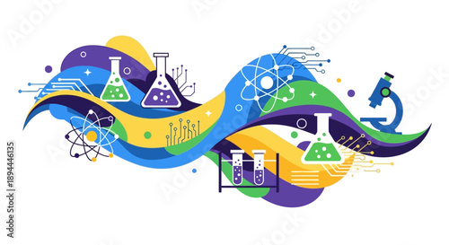 Colorful vector illustration of medical and science icons for International Women in Science Day, featuring beakers, molecules, and doctor symbols.