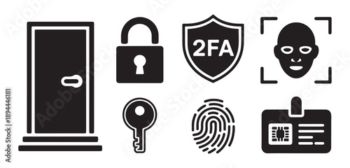 Security and access icons set featuring door, padlock, 2fa, facial recognition, key and fingerprint