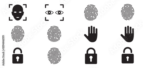 Biometric security icons with facial recognition, eye scan, multiple fingerprints and padlocks