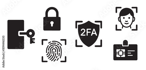 Security and access icons including fingerprint, face scan, key, lock, 2FA, ID card