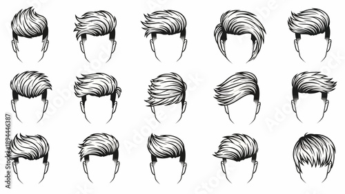 Collection of diverse hairstyles illustrated in black and white from various viewpoints and angles