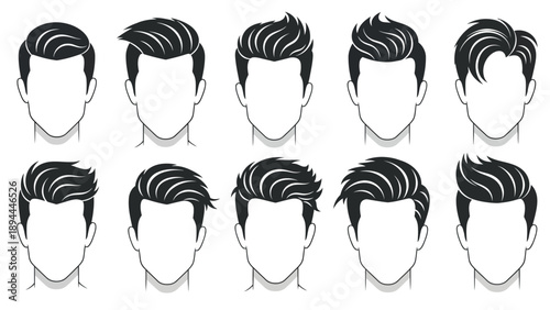 Collection of diverse male hairstyles illustrated in a grid layout from a frontal viewpoint