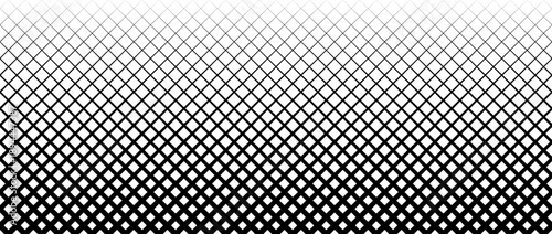 Thick to thin grid pattern gradient. Fading net gradation texture background. Black repeating mesh backdrop for overlay, print, cover, banner, poster. Squared overlapping lattice wallpaper. Vector