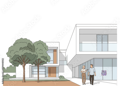 Modern Residential Community Scene with People Walking – Urban Architecture Landscape Design