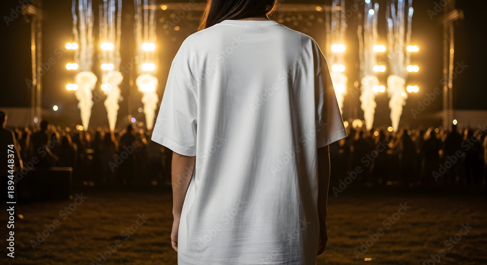 Fototapeta premium Person from behind wearing blank white t-shirt at a lively concert or festival, merchandise mockup