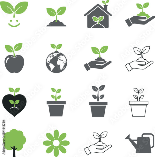 Ecology and plant growth icon set featuring green sprouts in hands pots earth and heart symbols for environmental conservation and sustainability