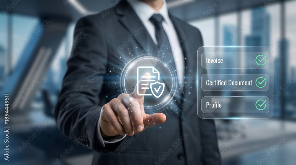 Obraz premium Verified Document Protection Shield Hologram in Business Office
