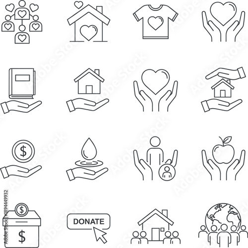 Comprehensive collection of linear charity icons featuring hearts in hands donation boxes community support housing food aid and global humanitarian volunteer symbols