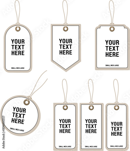 Set of blank hanging price tags and product labels with strings for retail branding fashion shop sales and customizable commercial messaging