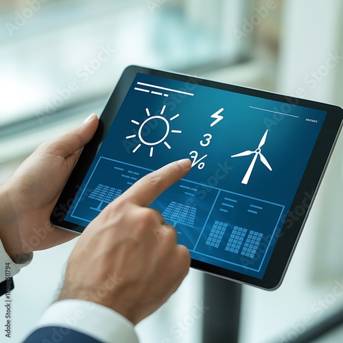 Hand holding tablet PC with business graph and technology icons