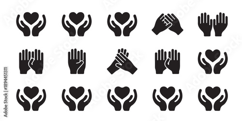 Love and care icons with hands holding hearts, vector illustration of protection and charity