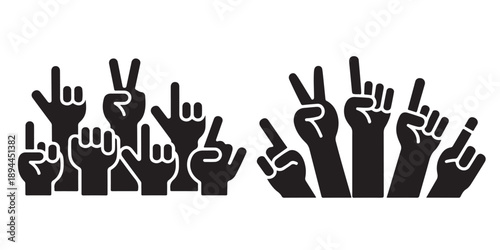 Group of raised hands showing various fingers and gestures in celebration and support