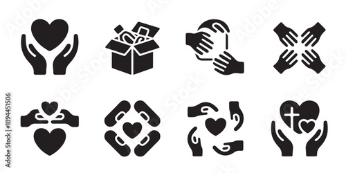 Hands showing care, love, and community support in various charity icon designs vector