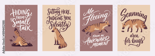 Cute aardwolf slogan poster banner set, inspirational quotes. Hoodie printing, notebook, mugs, water bottles, banner typography, funny sayings tote bags, pouch design, flyer decor. Vector illustration