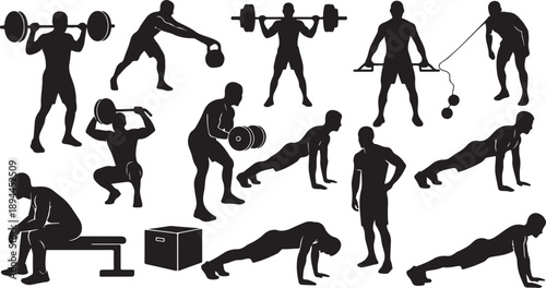 Fitness Silhouettes of People Exercising with Various Equipment Outdoors