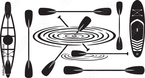 Kayak Paddle and Boat Silhouette Vector Graphics Illustration Set