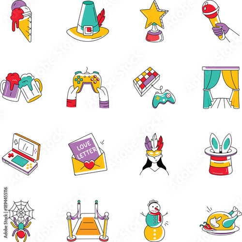 Set of Doodle Style Fun and Festive Icons 

