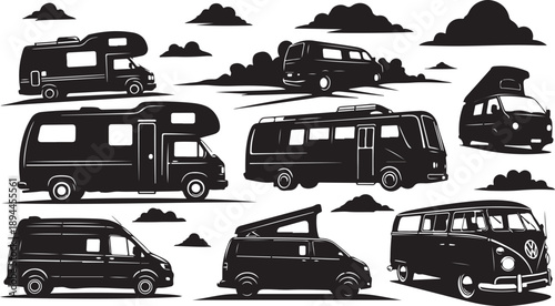 Collection of various black camper vans and RVs silhouettes