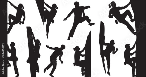 Silhouettes of people jumping and climbing in various poses