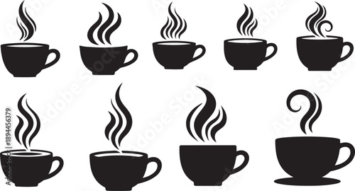 Set of black coffee cups with steam icons isolated