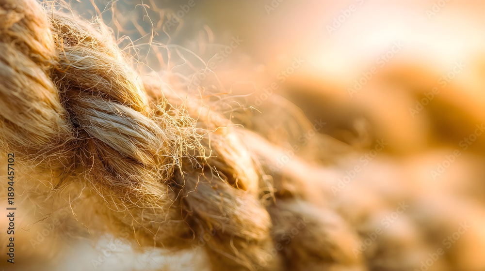Fototapeta premium Macro shot of rustic rope texture bathed in warm golden sunlight