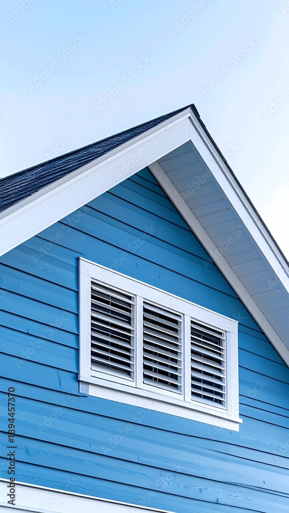 Fototapeta premium Blue house exterior with white trim and attic vent, clear sky background.