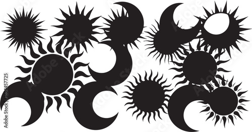 Black silhouettes of suns and moons in various phases