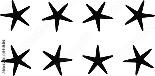 Set of black starfish silhouettes in different orientations isolated on white background for marine life, ocean, and coastal vector illustration designs