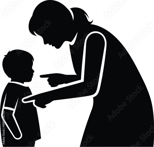 Silhouette of a mother sternly pointing finger at a child illustrating discipline or reprimand
