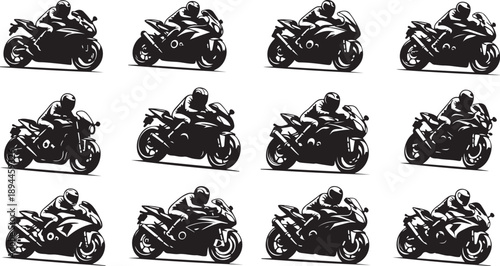 Motorcycle riders in various dynamic poses on bikes collection