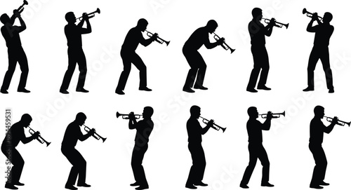 Set of trumpet player silhouettes performing jazz music in dynamic poses isolated on white background for concert and band design