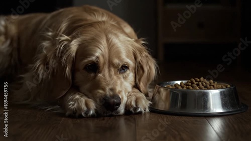 A golden dog lies beside a full bowl of food on a wooden floor indoors with a calm atmosphere.