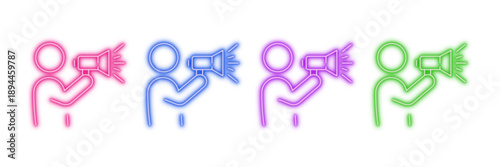Neon glowing megaphone speaker vector icons set, communication, announcement, advertising, protest, promotion, vibrant colorful digital design illustration on transparent background.