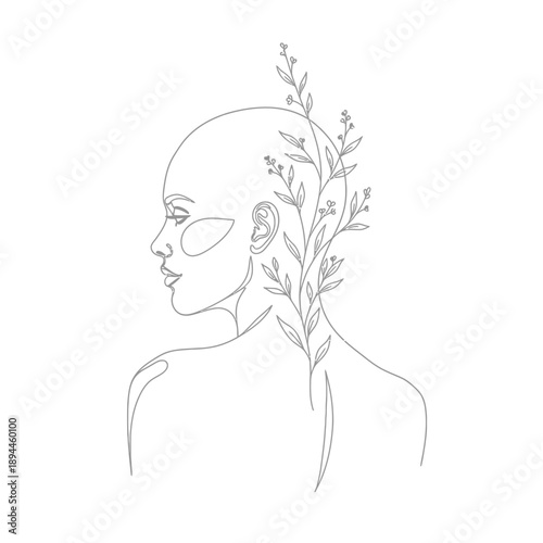 Botanical Hairline Growth on Minimalist Woman Profile Art